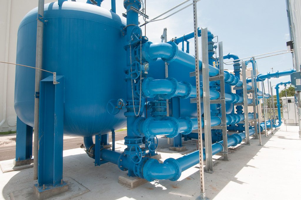 Industrial pipework, valves and flanges at a processing plant